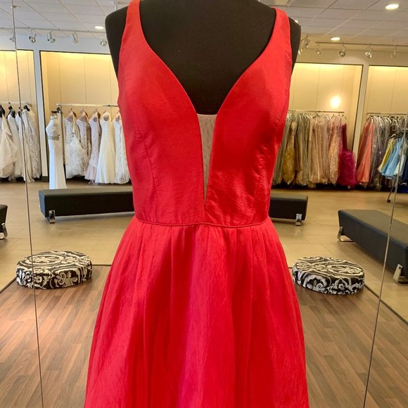 Taffeta cocktail a-line, deep v neckline with mesh
